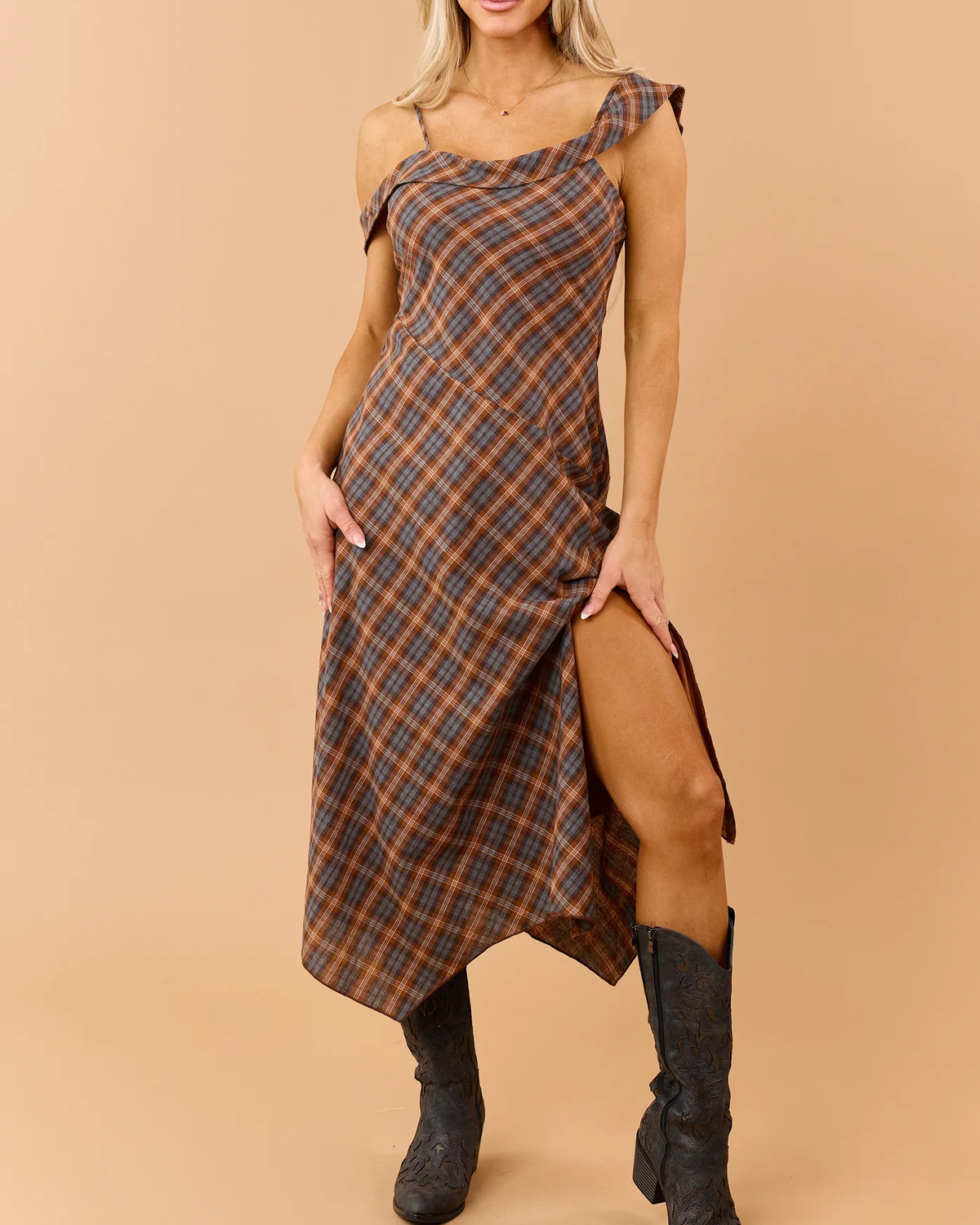 Caramel Plaid Asymmetrical Off Shoulder Midi Dress