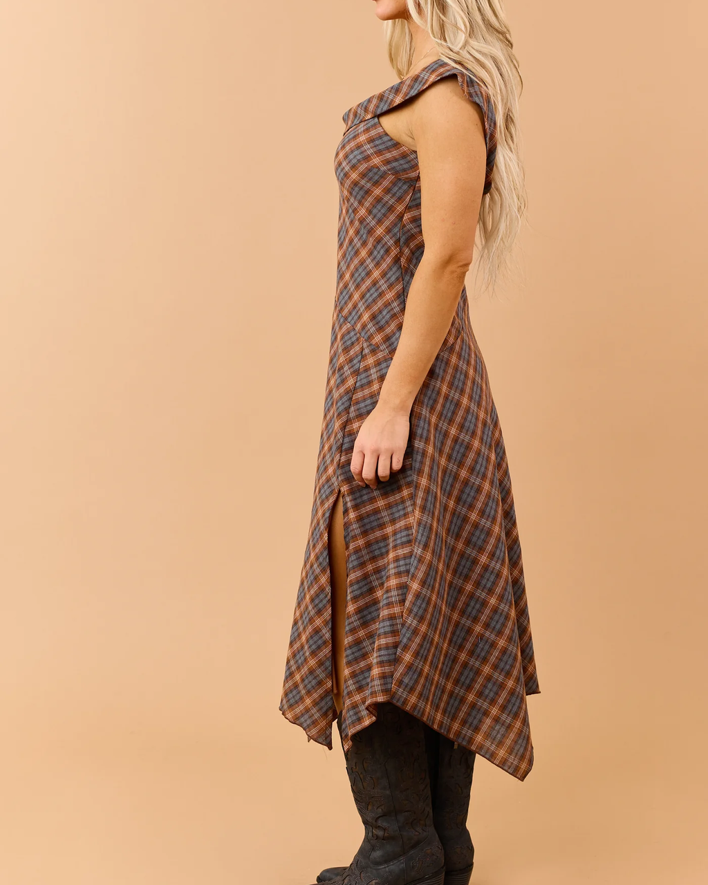 Caramel Plaid Asymmetrical Off Shoulder Midi Dress