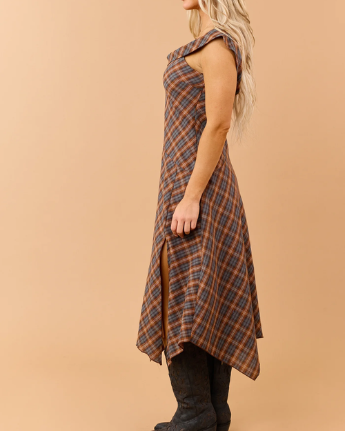 Caramel Plaid Asymmetrical Off Shoulder Midi Dress