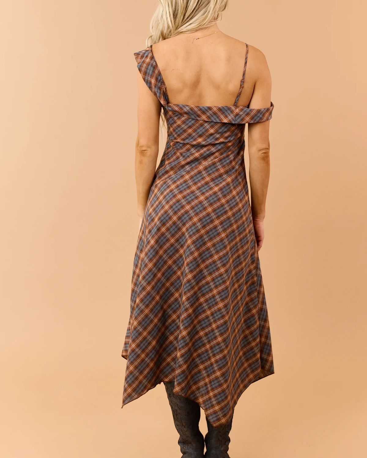 Caramel Plaid Asymmetrical Off Shoulder Midi Dress
