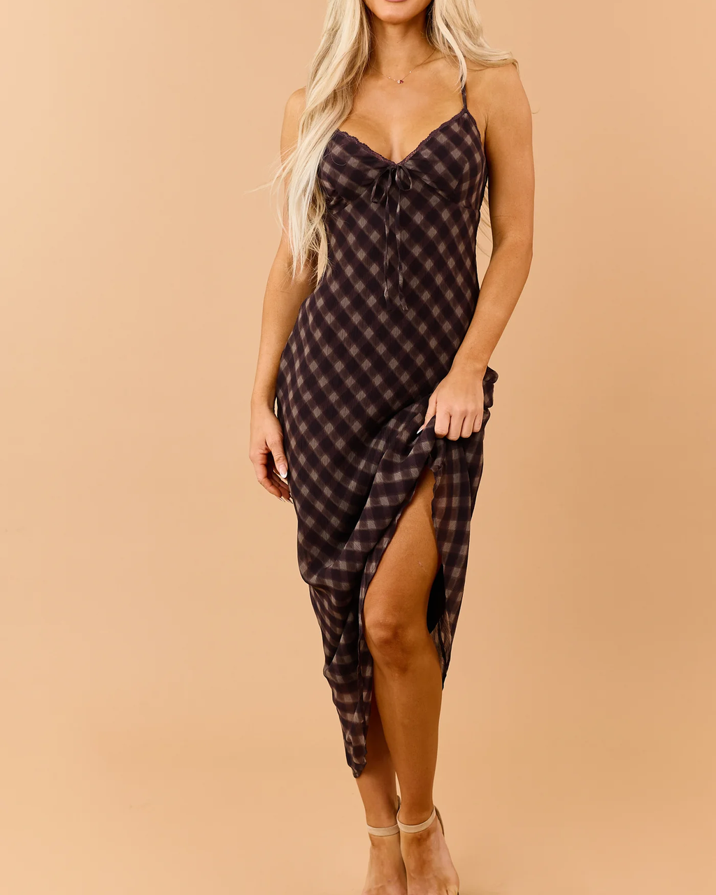 Dark Eggplant Checkered Sleeveless Maxi Dress