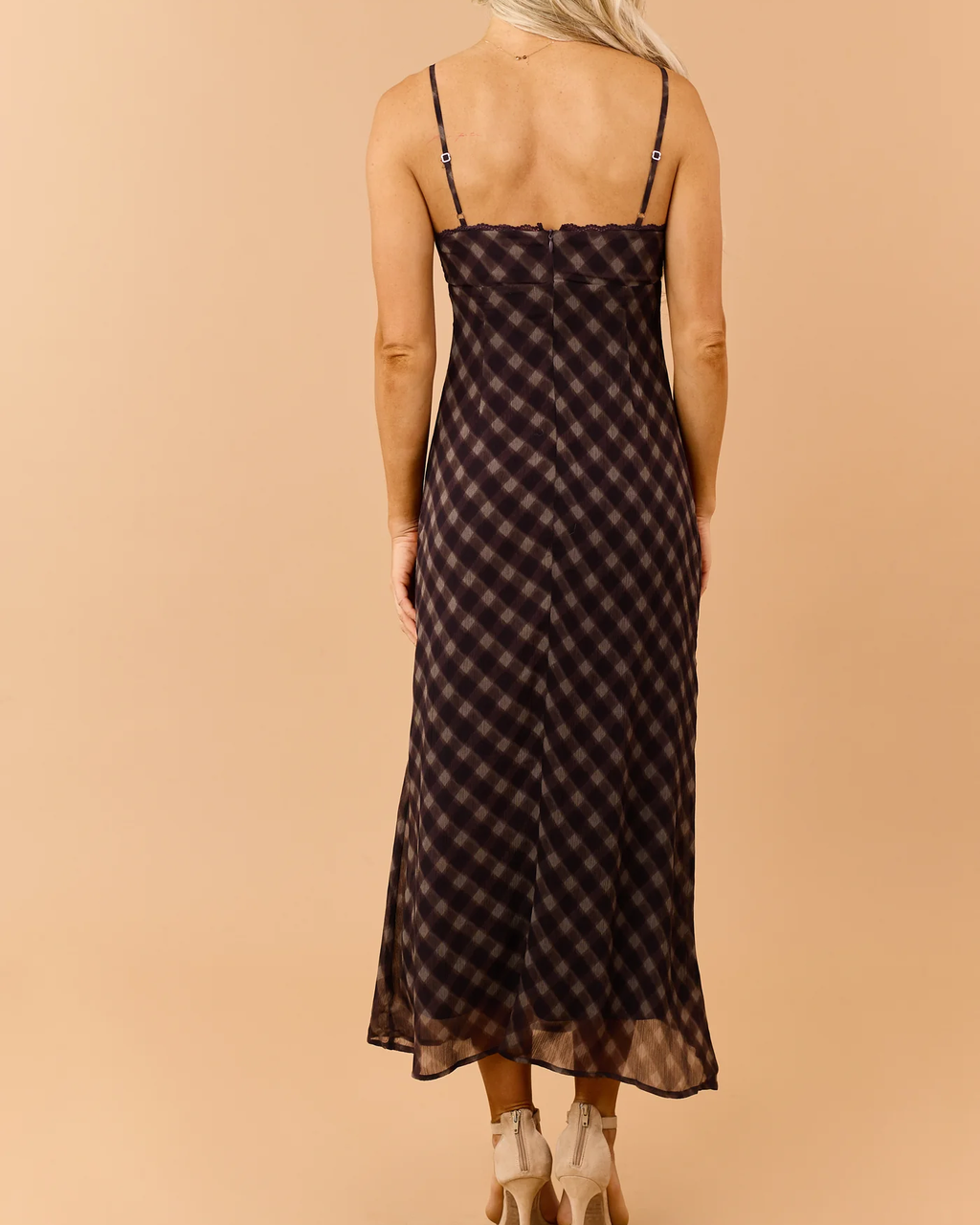 Dark Eggplant Checkered Sleeveless Maxi Dress