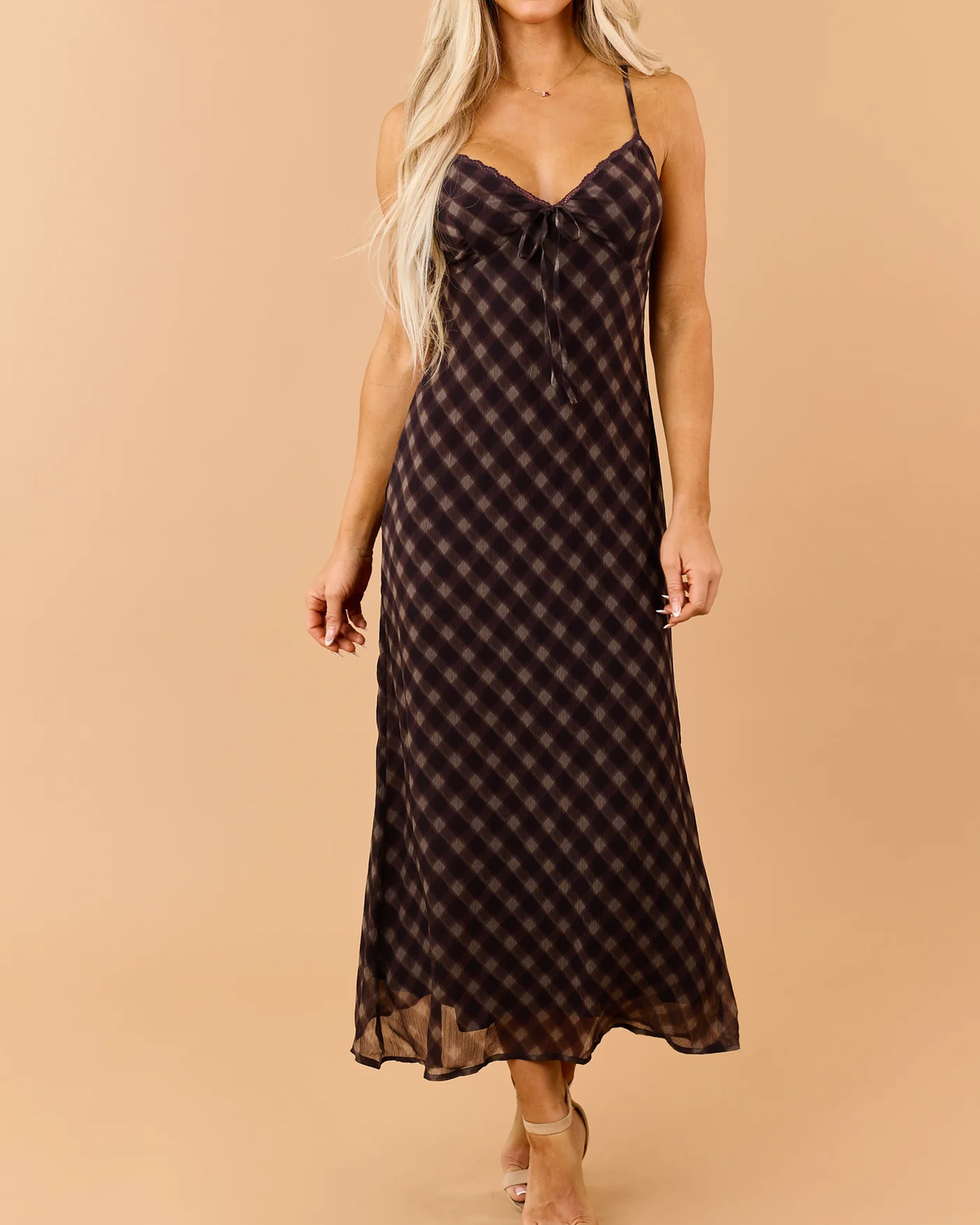 Dark Eggplant Checkered Sleeveless Maxi Dress