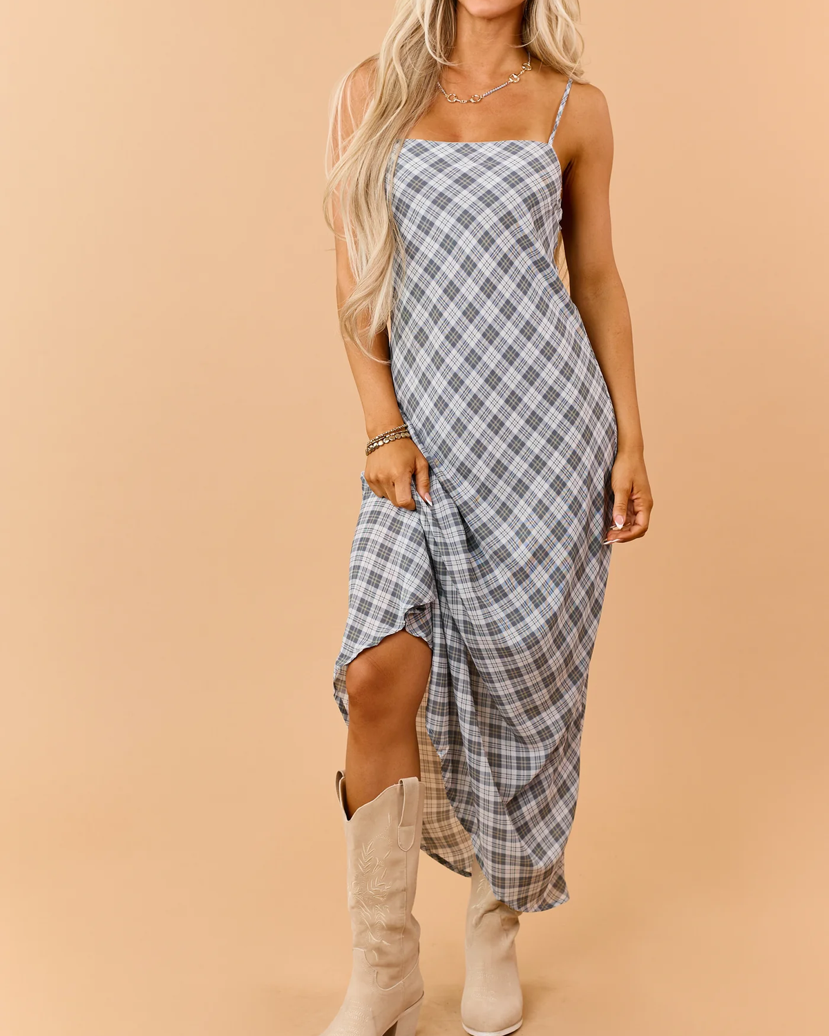Steel Grey Plaid Flowy Sleeveless Maxi Dress