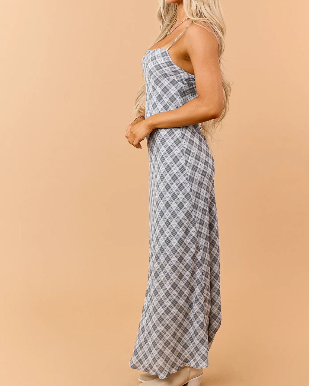 Steel Grey Plaid Flowy Sleeveless Maxi Dress