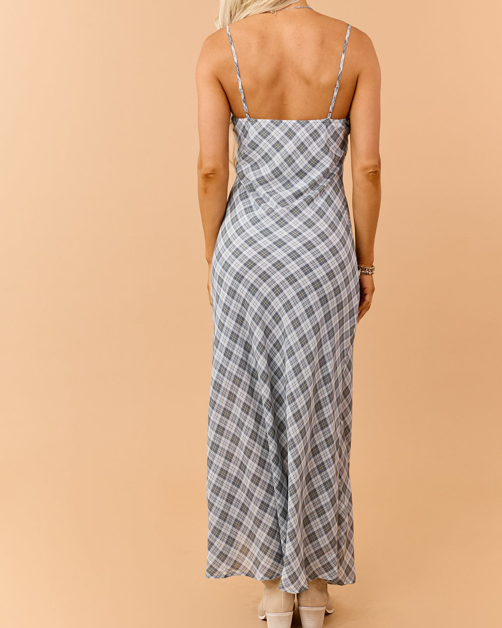 Steel Grey Plaid Flowy Sleeveless Maxi Dress