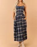 Navy Plaid Smocked Bodice Sleeveless Maxi Dress
