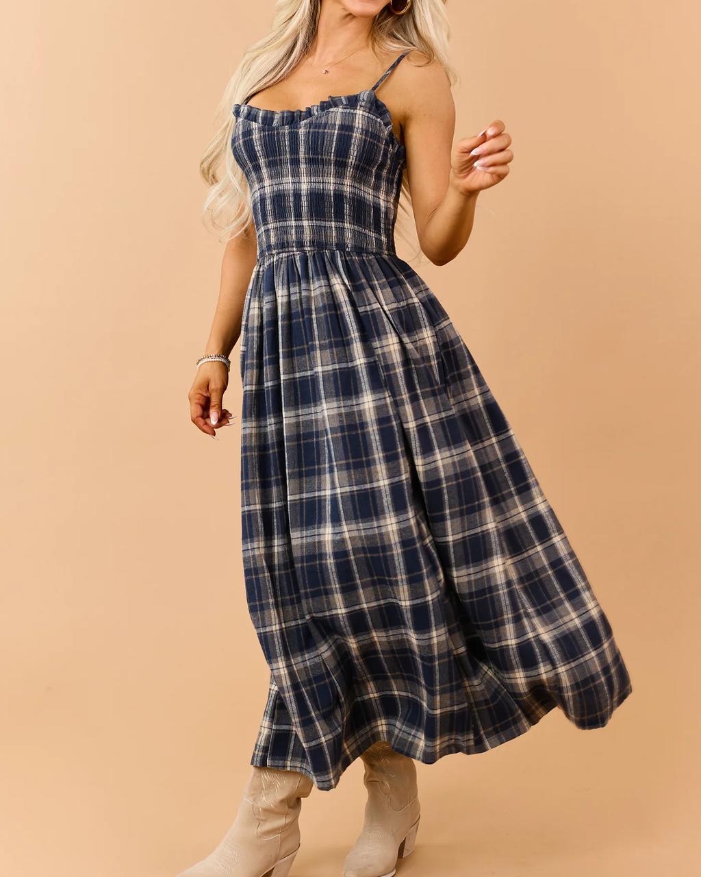 Navy Plaid Smocked Bodice Sleeveless Maxi Dress