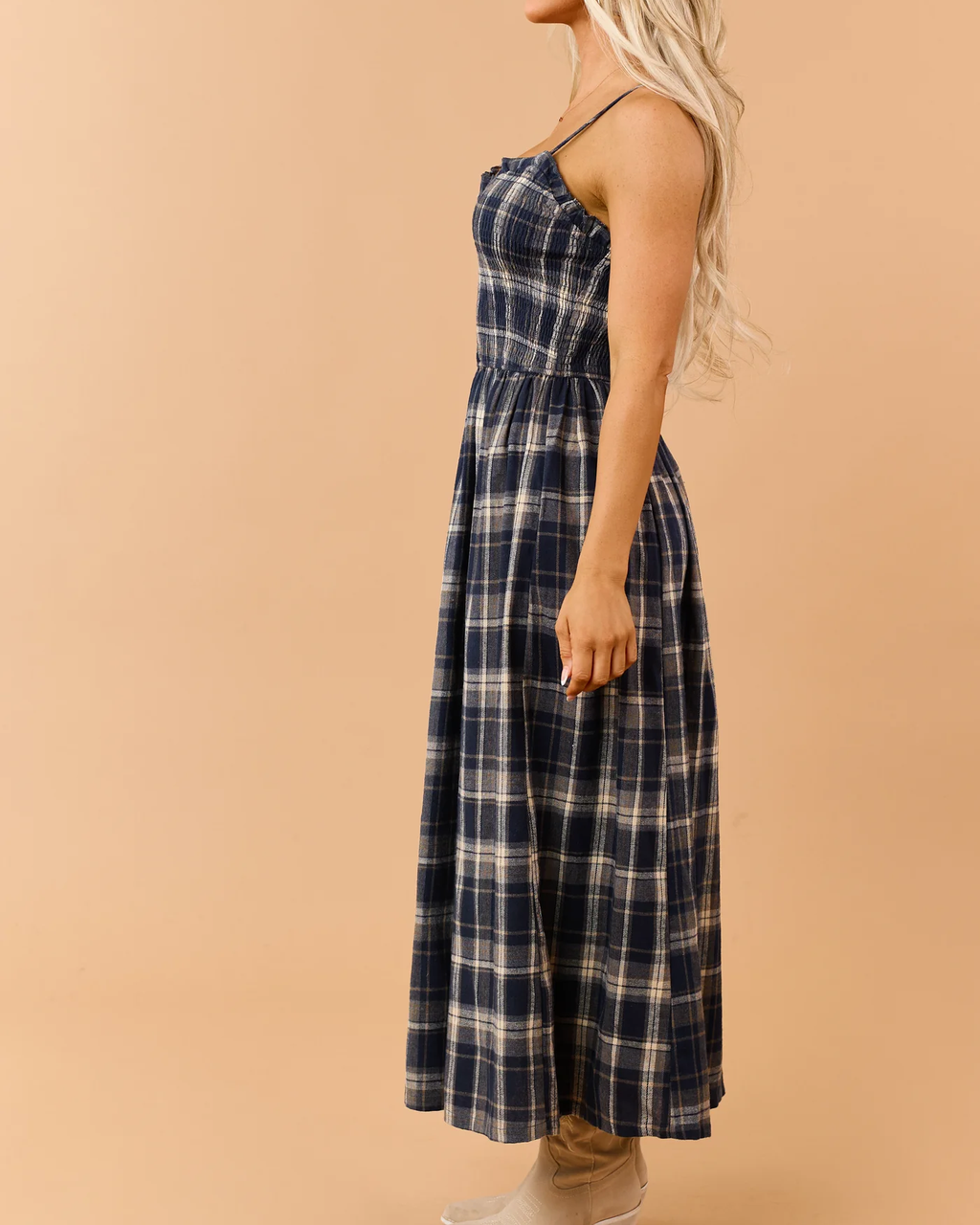 Navy Plaid Smocked Bodice Sleeveless Maxi Dress