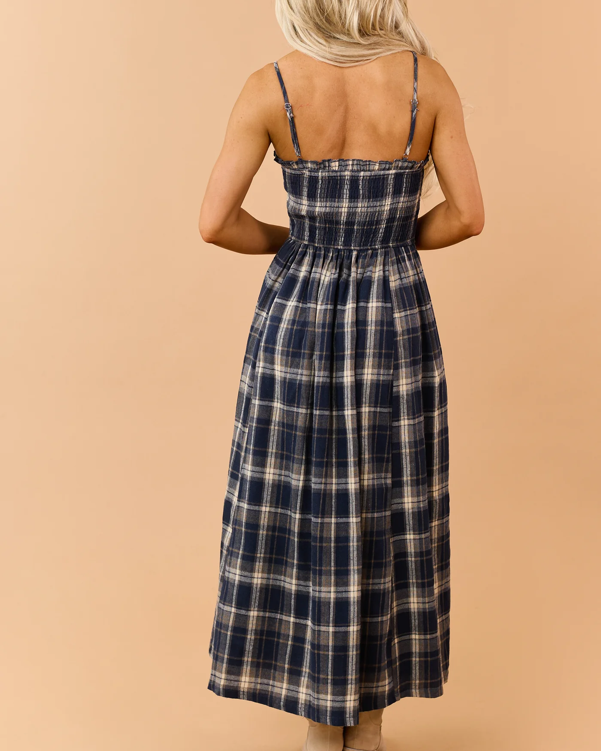 Navy Plaid Smocked Bodice Sleeveless Maxi Dress