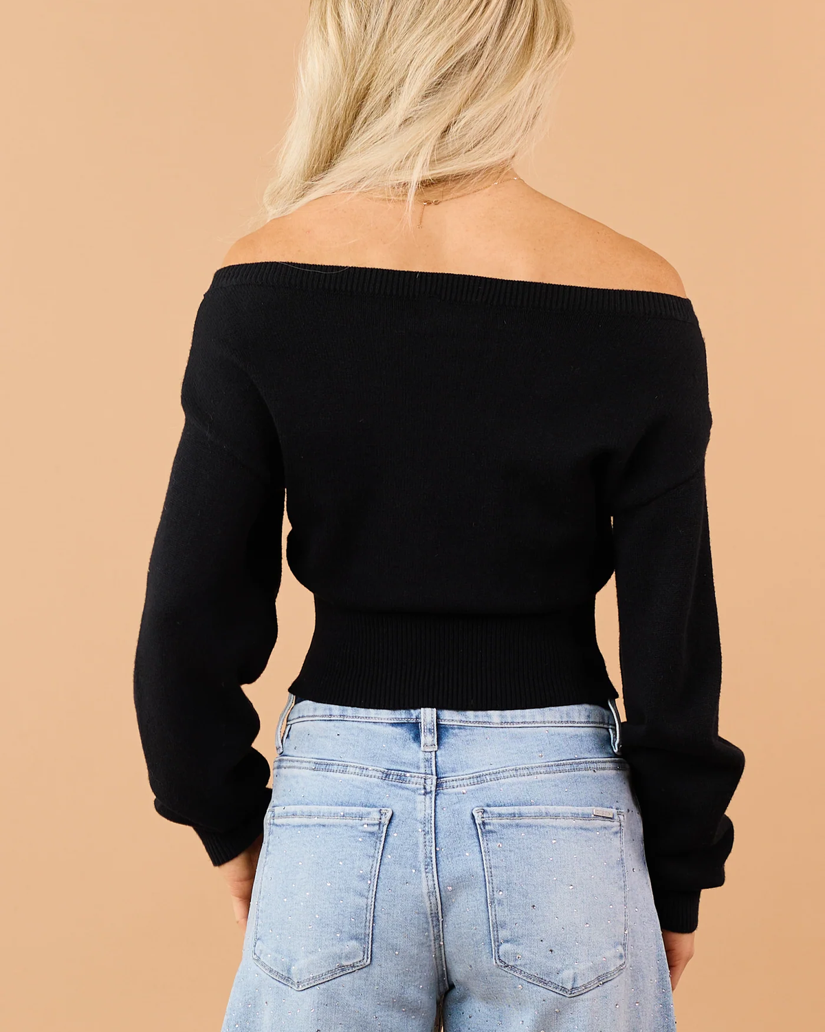 Black Ribbed Trim Off Shoulder Soft Knit Sweater