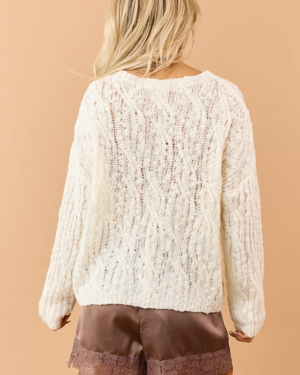 Cream Wool Blend Open Cable Knit Relaxed Sweater