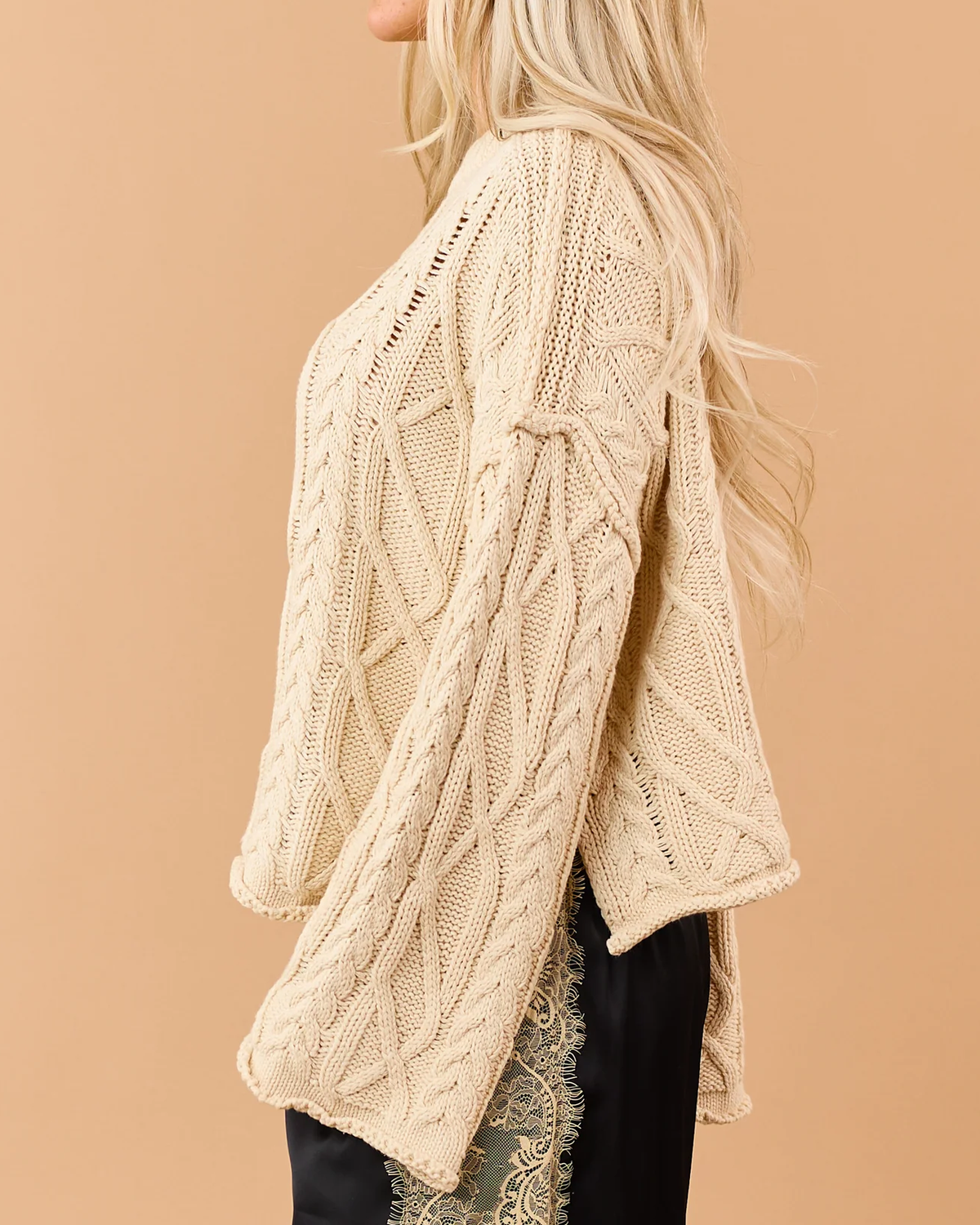 Sand Cable Knit Rolled Trim Exposed Seam Sweater