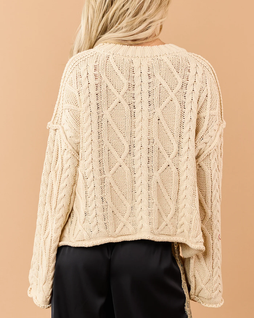 Sand Cable Knit Rolled Trim Exposed Seam Sweater